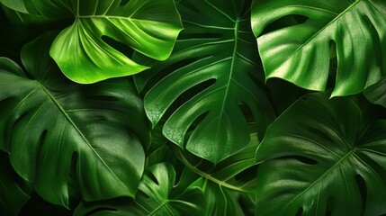 Lush Green Monstera Leaves Background Texture