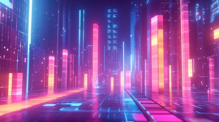 A dynamic D bar chart with segmented, glowing bars representing different financial data points, set in a futuristic space with floating data labels.