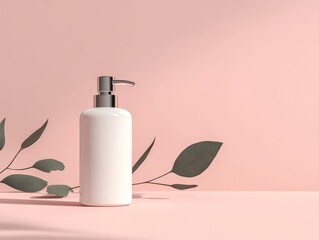 A minimalist scene featuring a white pump bottle and green leaves on a pink background.