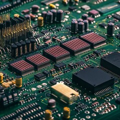 Obraz premium High Tech Circuit Board Close up of Electronic Components Microchips and Integrated Cir