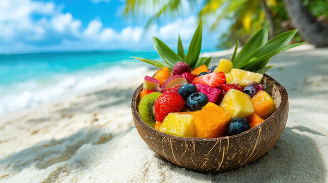 Tropical fruit salad in coconut bowl on sandy beach