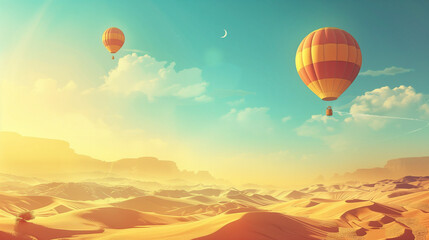 Obraz premium Captivating Desert Adventure with Hot Air Balloons Illustration at Sunset, Perfect for Travel and Adventure Enthusiasts