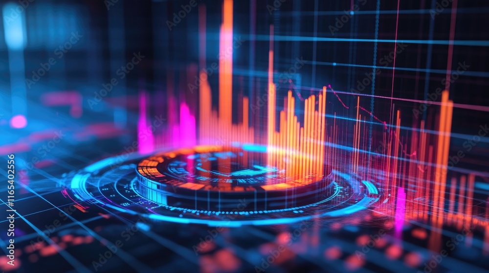 Poster a futuristic d circular graph with translucent segments, hovering in a digital grid environment, sho