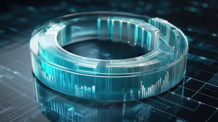 A futuristic D circular graph with translucent segments, hovering in a digital grid environment, showcasing a breakdown of financial data.