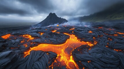 Naklejka premium Volcanic Landscape with Flowing Lava and Dark Clouds, Perfect for Geology Themes, Natural Phenomena, Adventure Concepts, and Dramatic Nature Backgrounds