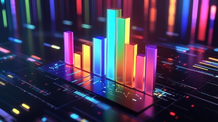 A glowing D bar graph with metallic, multicolored bars representing financial data, set on a sleek, futuristic digital platform with soft shadows.