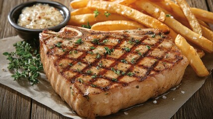 A grilled T-bone steak on a rustic wooden table, garnished with fresh herbs, garlic, and a side of crispy fries, creating a hearty, appetizing scene