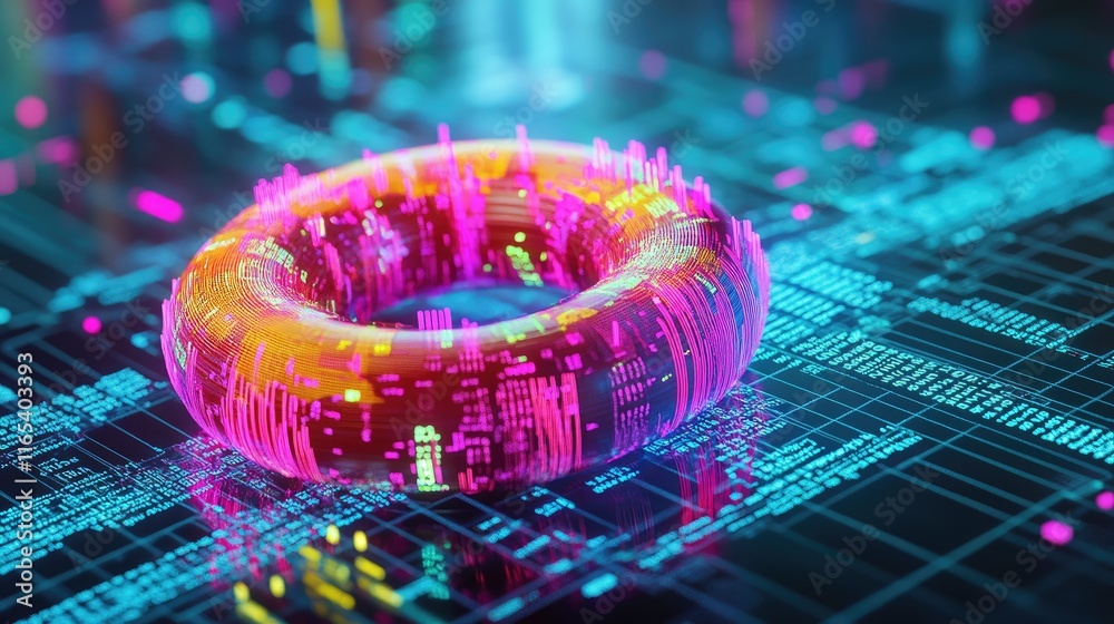 Poster A high-tech D donut chart with neon-colored segments rotating around a central axis, surrounded by digital data points in a futuristic space.