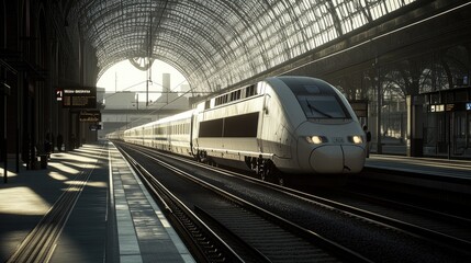 Fototapeta premium A high-speed train passing through a modern station, with its gleaming exterior reflecting the sunlight, emphasizing the blend of technology and architecture