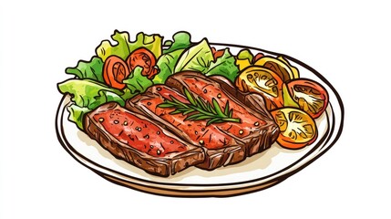 A juicy ribeye steak resting on a plate, with a drizzle of rich pepper sauce and garnished with rosemary, alongside a fresh garden salad