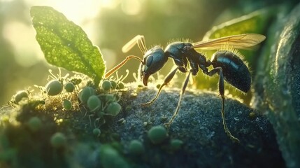 A macro image of an ant interacting with tiny aphids on a leaf, capturing the intricate relationship between different insect species in nature