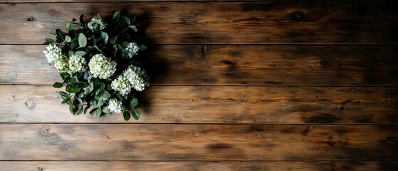 Rustic Wooden Background with White Flowers  Floral Flatlay  Spring Design