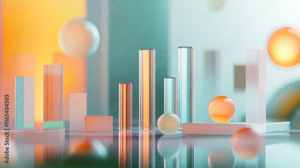 Poster a modern d bar chart with segmented, transparent bars floating above a financial data surface, showc