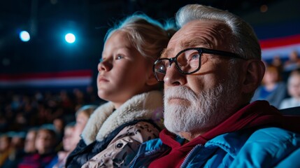 Obraz premium Signing of the Peace Accords.Elderly man and young girl attentively watching an event in a patriotic setting.