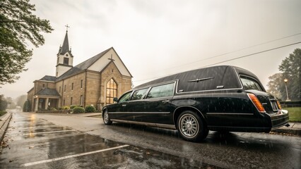 Elegant hearse parked in front of a church on a rainy day, representing a solemn occasion