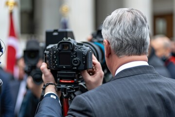 Signing of the Peace Accords.Focused media professionals capturing an event with cameras and equipment in a lively stadium.