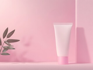 A minimalist pink background featuring a cosmetic tube and a plant.