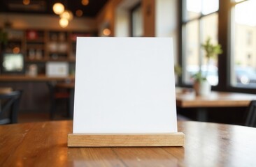 A clean, white sign is resting on a wooden table inside a restaurant