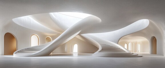 Modern white architectural interior with a double helix staircase and arched doorways.