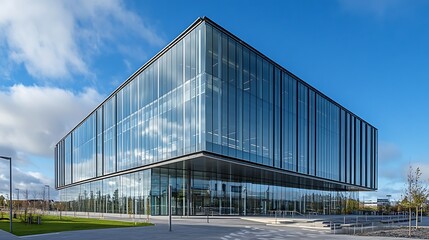 Fototapeta premium Modern glass office building with clear blue sky background