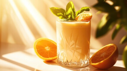 Fototapeta premium A refreshing glass of orange smoothie topped with slices of fresh oranges and a sprig of mint, set against a bright, sunny backdrop, inviting a taste of summer