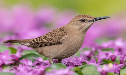 Small brown bird perched amongst purple flowers.