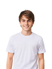 Fototapeta premium Teenage boy with messy brown hair and dark blue eyes, a relaxed, carefree grin. He wears a t-shirt and jeans.
