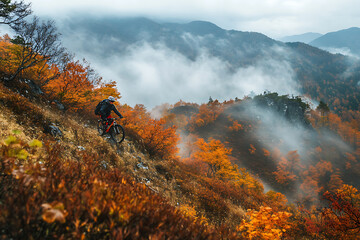 An adventurous mountain biker descends a rugged trail amidst vibrant autumn foliage, with misty mountains in the background, capturing the essence of outdoor sports in a breathtaking natural setting.