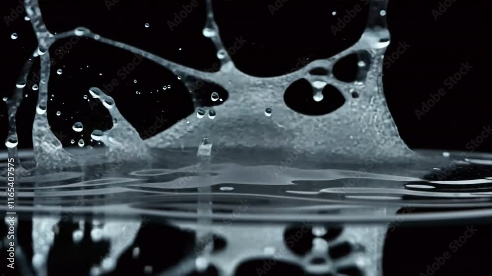Poster Dynamic Water Splash Captivating Droplets and Patterns on Reflective Surface, Showcasing Liquid Motion and Stunning Visual Effects Against Black Background.