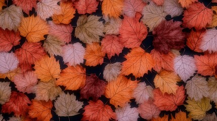 Fototapeta premium Autumn Leaves Pattern Fall Foliage Red Orange Brown Dark Background Nature Texture De