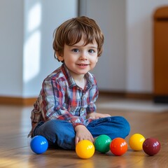 Fototapeta premium Boy on floor plays with colorful balls.