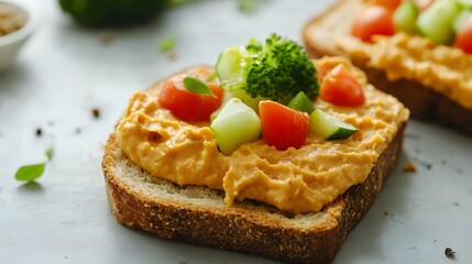 Roasted Red Pepper Hummus Toast with Veggies