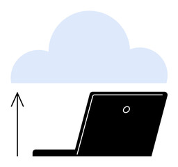 Black laptop with an upward arrow pointing towards a blue cloud, signifying data upload. Ideal for cloud computing, data transfer, backup solutions, SaaS, digital storage, IT infrastructure