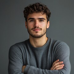 Obraz premium Handsome man poses for camera with arms out on gray background.