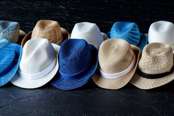 National Hat Day.A neat arrangement of straw fedoras in various colors against a dark textured background.
