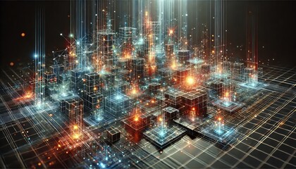 Obraz premium Abstract Visualization of the Digital World: Geometric Shapes and Glowing Lines with Futuristic Aesthetics in Dramatic Lighting