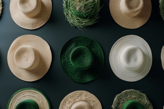 National Hat Day.A neat arrangement of straw fedoras in various colors against a dark textured background. - Powered by Adobe