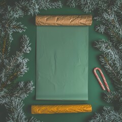 Christmas Green Wrapping Paper Mockup with Fir Branches and Candy Cane