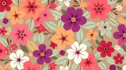Vibrant Floral Pattern: A captivating seamless design featuring a profusion of colorful flowers in shades of pink, purple, orange, and white, set against a warm brown background.