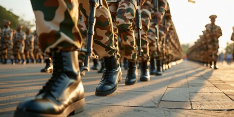 Indian Army Day. Indian army soldiers in formation, wearing decorated uniforms, participating in a ceremonial march during sunset with the Indian flag in the background.