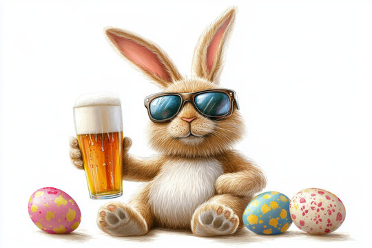 Smiling easter bunny wearing cool sunglasses drinking beer near colorful eggs on white surface