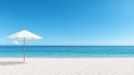 Beach umbrella on sandy tropical beach with blue ocean. Concept for tourism, relax, travel. Banner with space for text. 