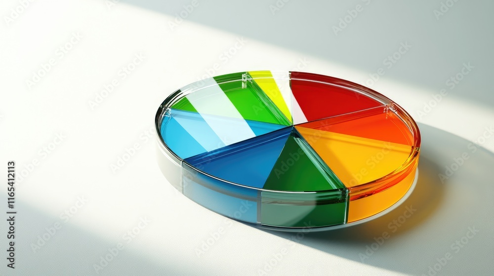 Poster dynamic d pie chart with glass segments of various colors, standing on a matte surface with shadows,