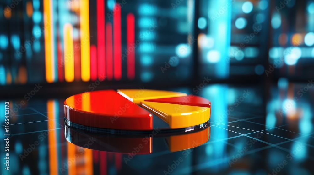 Poster dynamic pie chart with vibrant segments in a d style, on a glossy surface, representing financial da