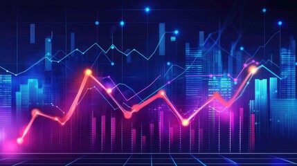 Fototapeta premium Dynamic financial graph with neon lines and glowing points, floating on a black background, representing data trends in a modern business setting