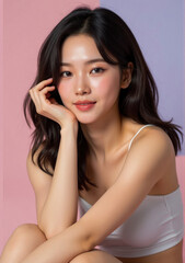 Fototapeta premium young woman with glowing skin details, medium wavy hair, and natural beauty, posing serenely on a pastel canvas