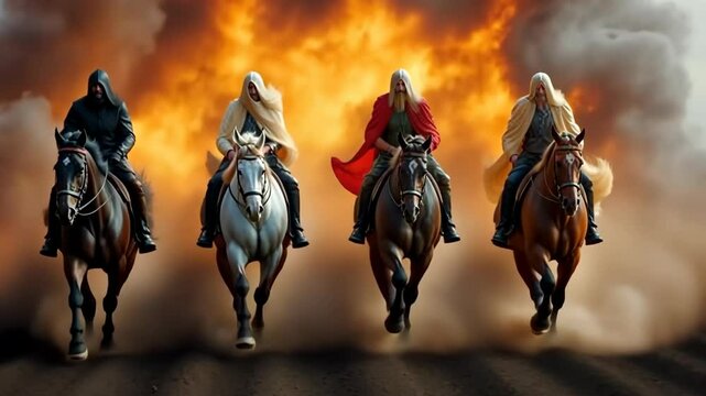he Four Horsemen riding through a fiery apocalypse, with dramatic flames and smoke, symbolizing chaos and biblical prophecy, ideal for fantasy or thematic artwork.