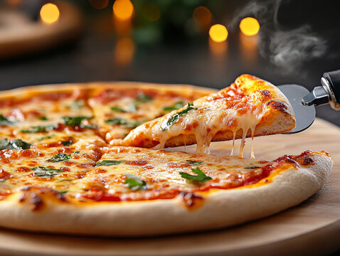 Hot pizza slice being served with melted cheese. Slice of cheesy pizza. 
