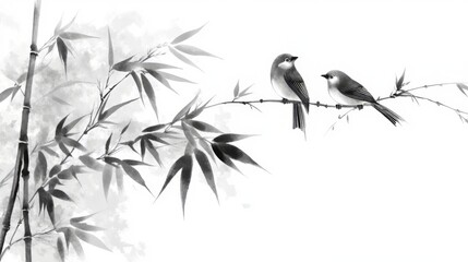 Obraz premium Elegant Birds Perched on Bamboo Branches: A Timeless Oriental Ink Painting