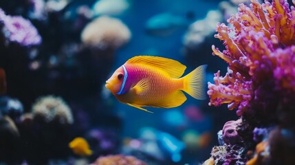 Vibrant orange fish swims in a colorful coral reef.